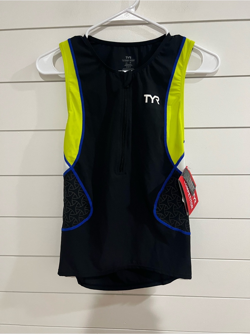 TYR Mens Black Neon Yellow Swim Rash Guard with Blue Piping